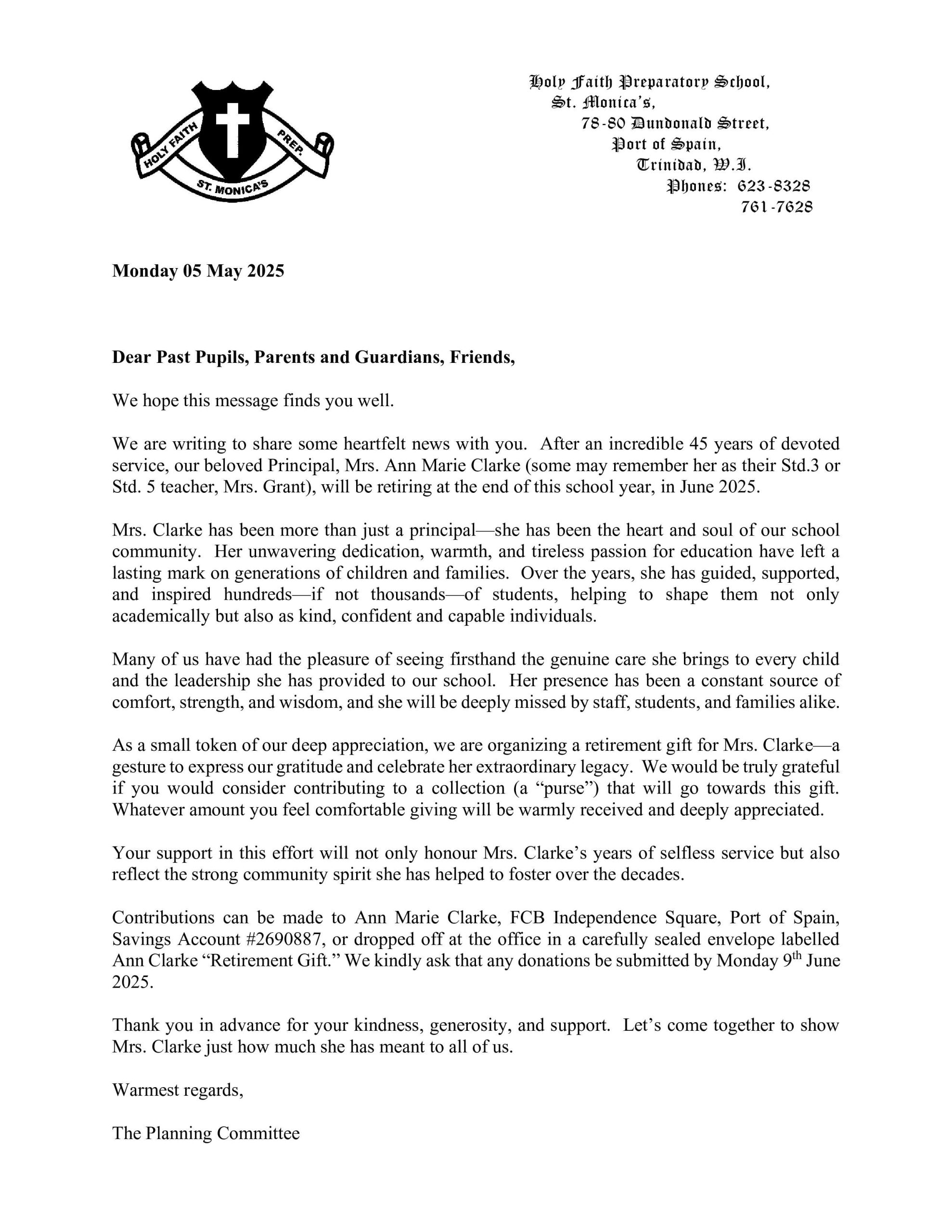 📣 After 45 incredible years of love, leadership, and dedication, our beloved Principal Mrs. Ann Marie Clarke is retiring this June! 💐 Let's come together as a community to celebrate her legacy with a heartfelt retirement gift. 💝 Contributions can be made to the details provided in the letter — every bit helps show our gratitude. 💫 Deadline: Monday 9th June 2025. #ThankYouMrsClarke #HFPSLegacy #CommunitySpirit #RetirementTribute #EndOfAnEra